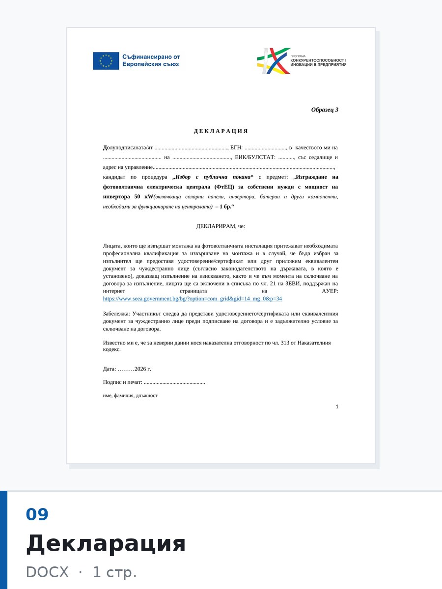 Декларация — тръжна документация, Радина Елит ЕООД